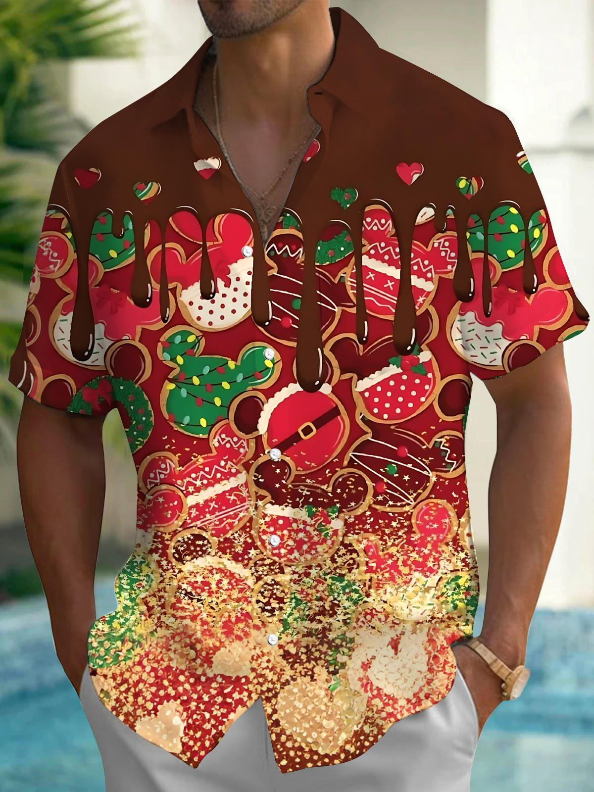 Christmas Cookie Print Men's Pocket Short Sleeve Shirts