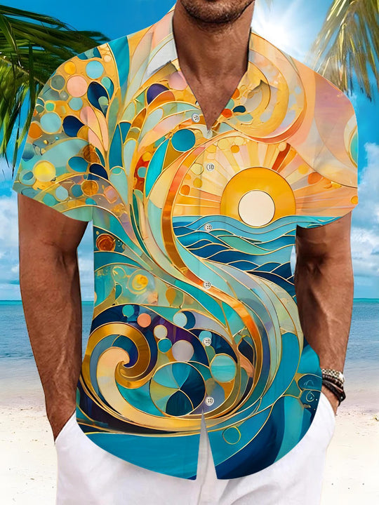 Art Nouveau Sun And Waves Men's Pocket Short Sleeve Shirts