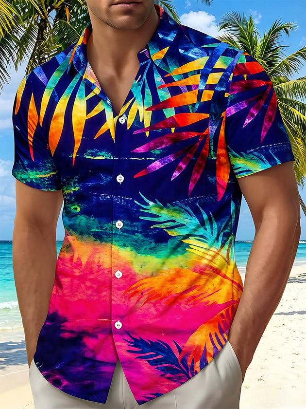 Hawaii Tropical Gradient Colorful Palm Leaves Island Men's Pocket Short Sleeve Shirts
