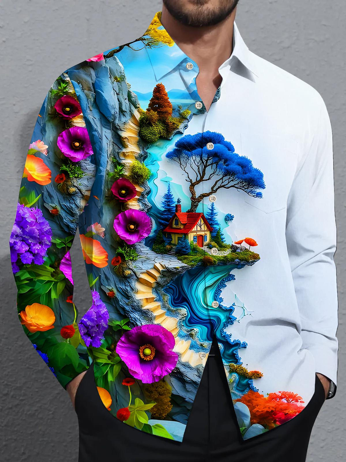 Art Kaohsiung Floral Tree House Men's Pocket Long Sleeve Shirts