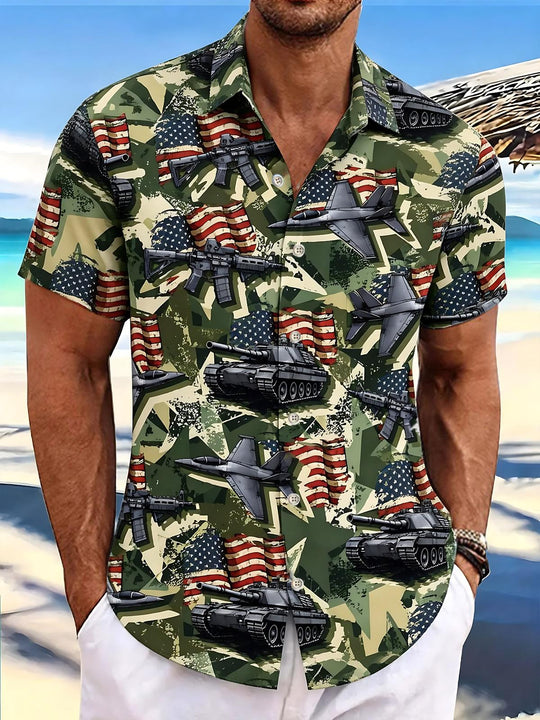 Independence Day American Flag Plane Tank Print Men's Pocket Short Sleeve Shirts