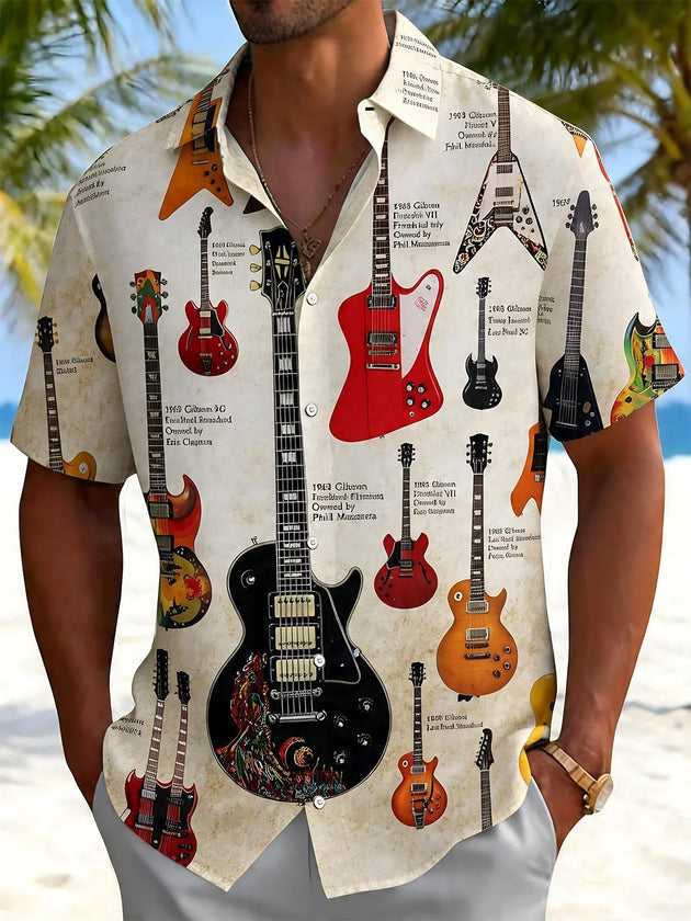 Men's Guitar Art Print Pocket Short Sleeve Shirt Front View