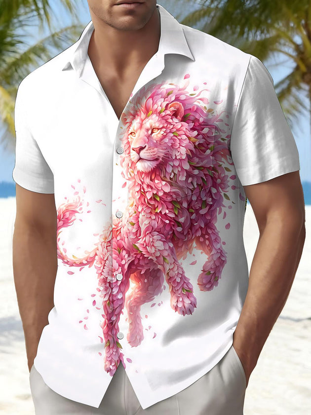 Pink Petal Lion Print Men's Pocket Short Sleeve Shirts