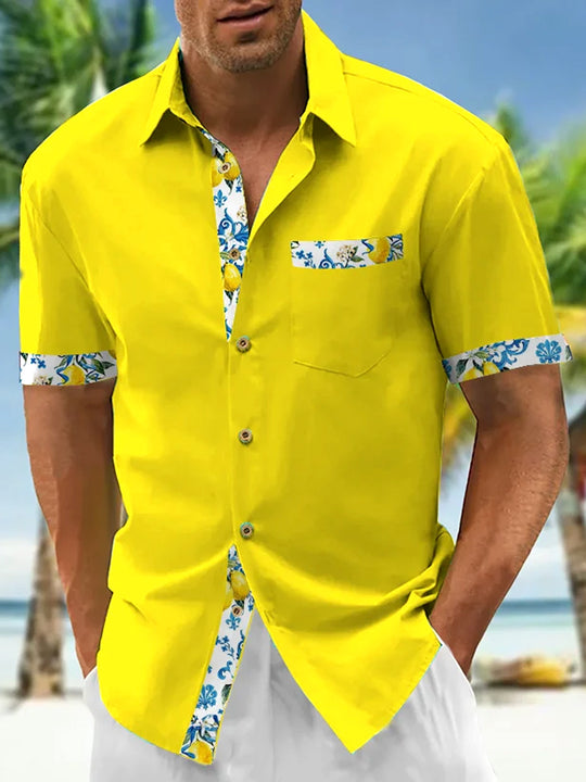 Men's Floral Hawaiian Pocket Short Sleeve Shirt Front View for Tropical Beach Vacation
