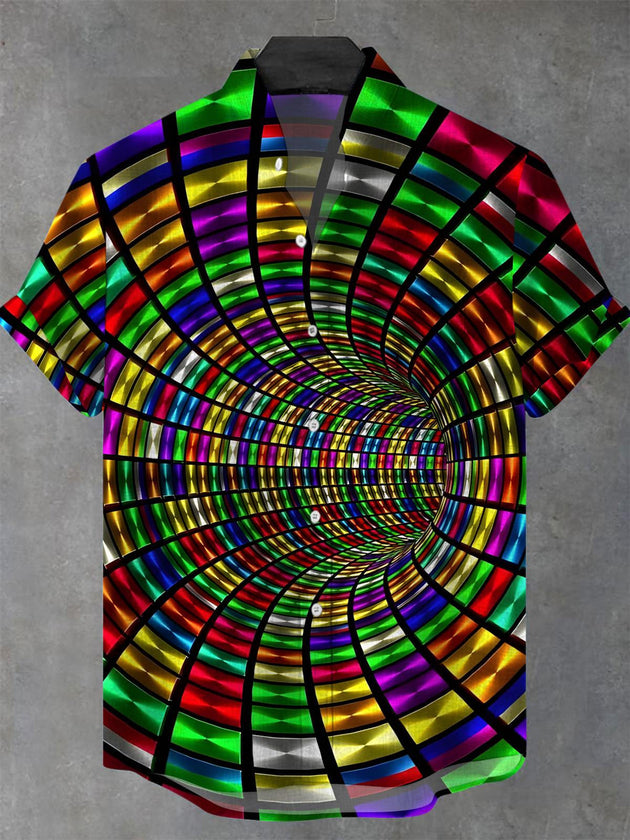 Men's colorful geometric print short sleeve stand collar shirt front view