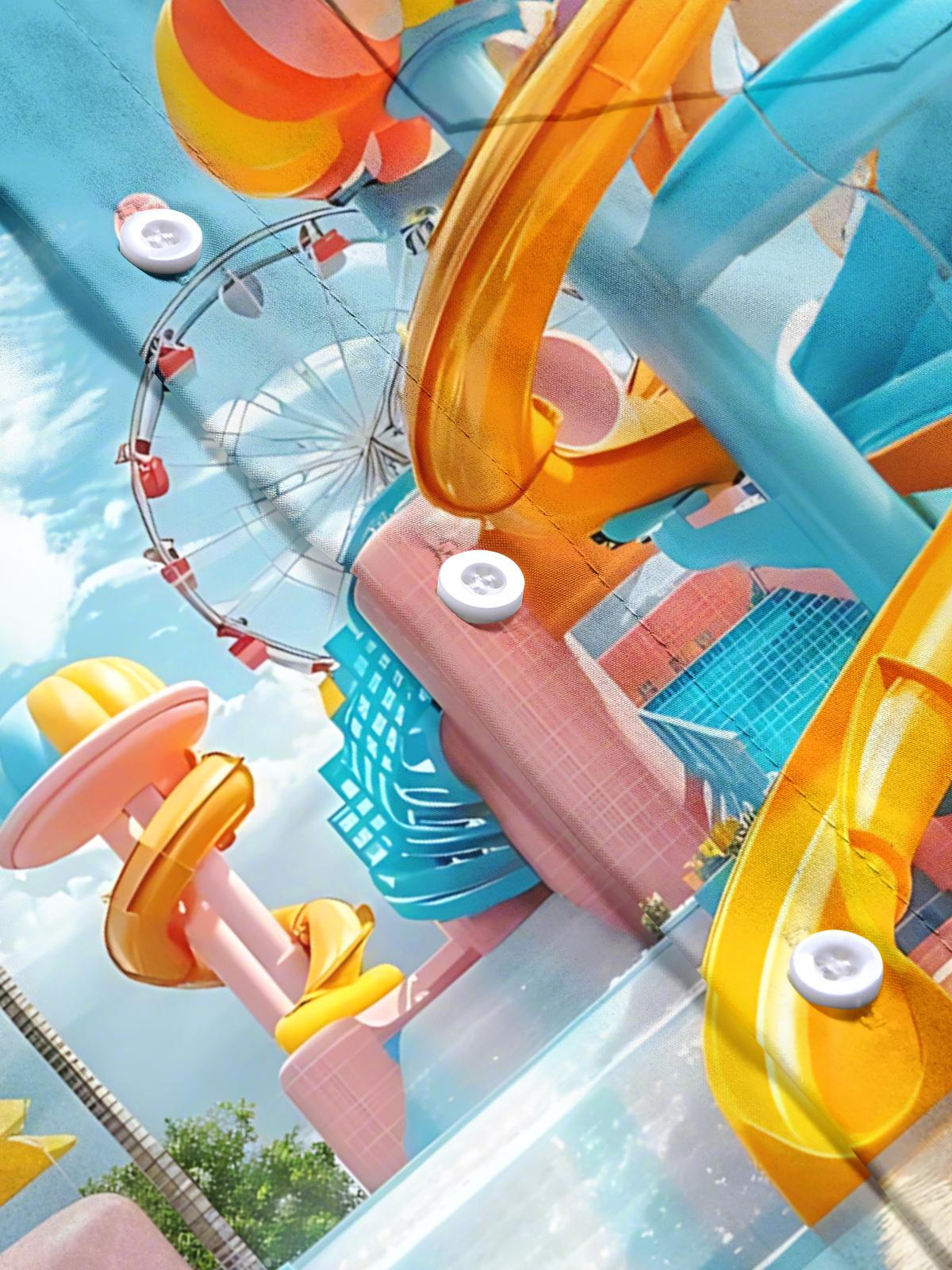 Water Park Print Men's Pocket Short Sleeve Shirts