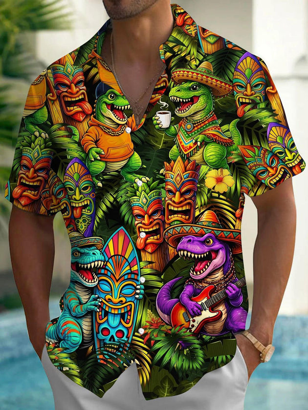 Hawaiian Tiki Dinosaur Print Men's Pocket Short Sleeve Shirts