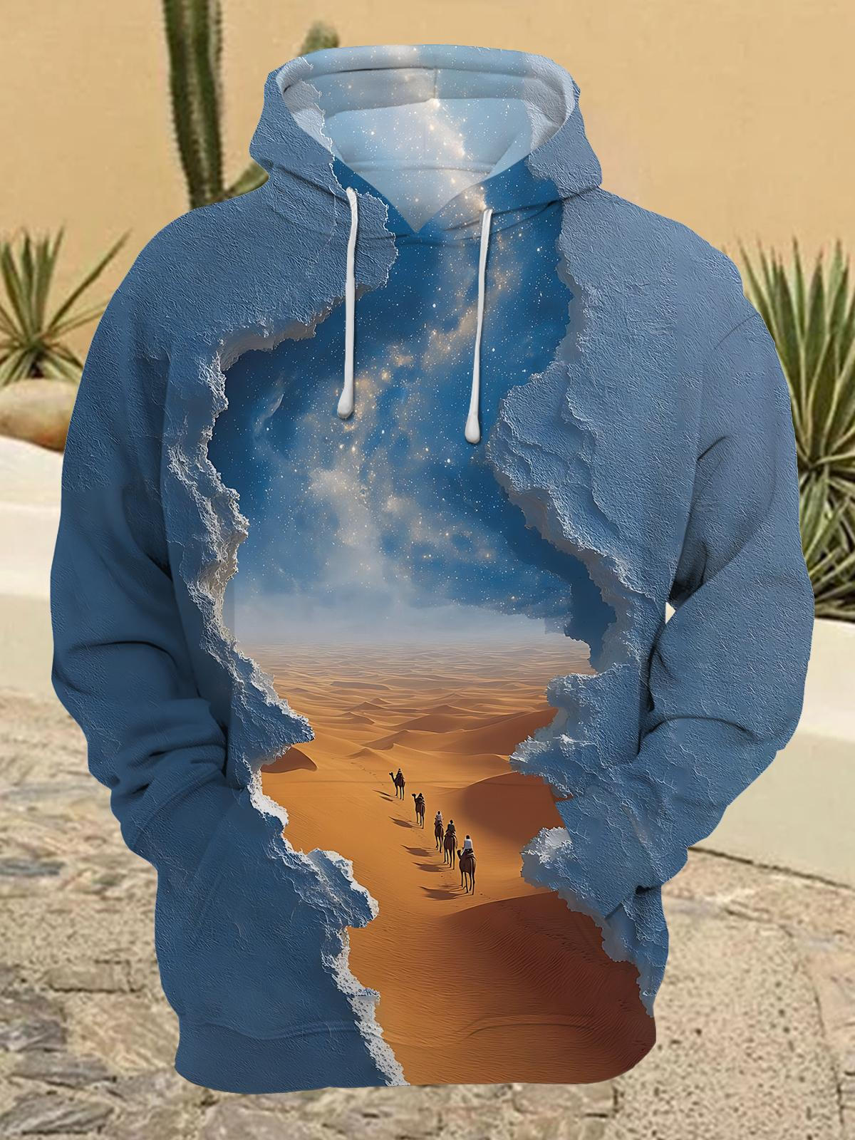 Desert Camel Print Men's Long Sleeve Printing Pocket Hooded Sweatshirt
