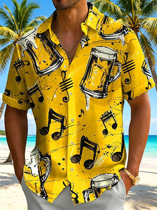 Men's Hawaiian music print short sleeve shirt front view for tropical beach vacation