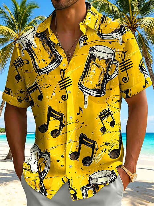 Men's Hawaiian music print short sleeve shirt front view for tropical beach vacation