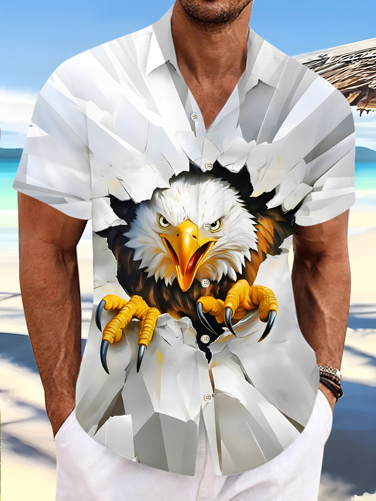 Men's Eagle Print Short Sleeve Shirt Front View for Independence Day