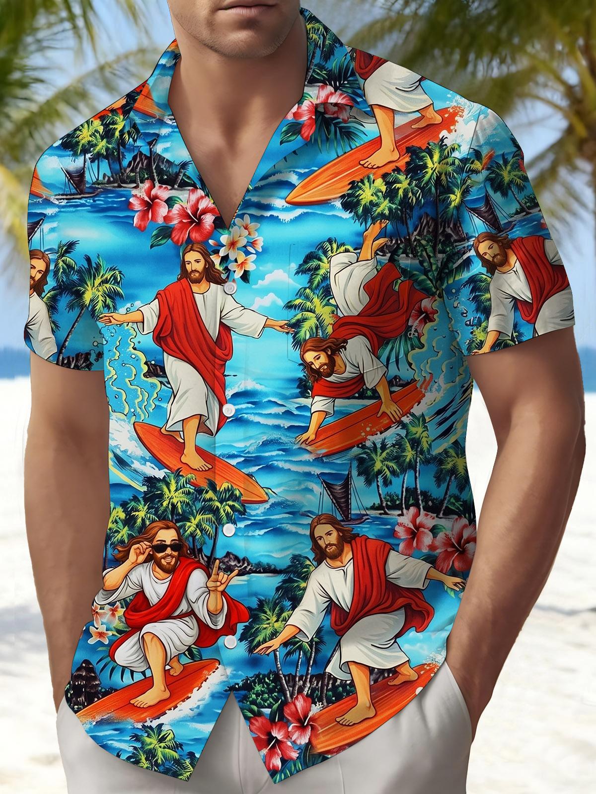 Jesus Surfing Hawaii Print Men's Pocket Short Sleeve Shirts