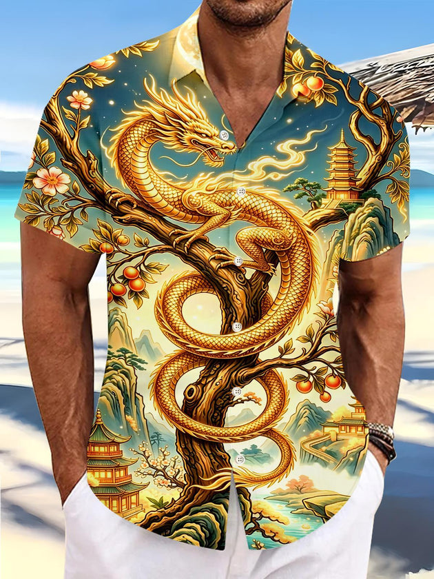 Art Golden Dragon Mountain Pagoda Landscape Men's Pocket Short Sleeve Shirts