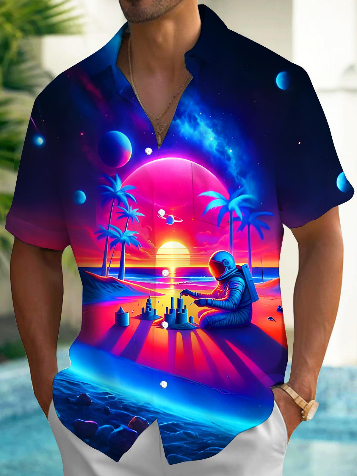 Fun Psychedelic Coconut Tree Sunset Astronaut Building Castles Men's Pocket Short Sleeve Shirts