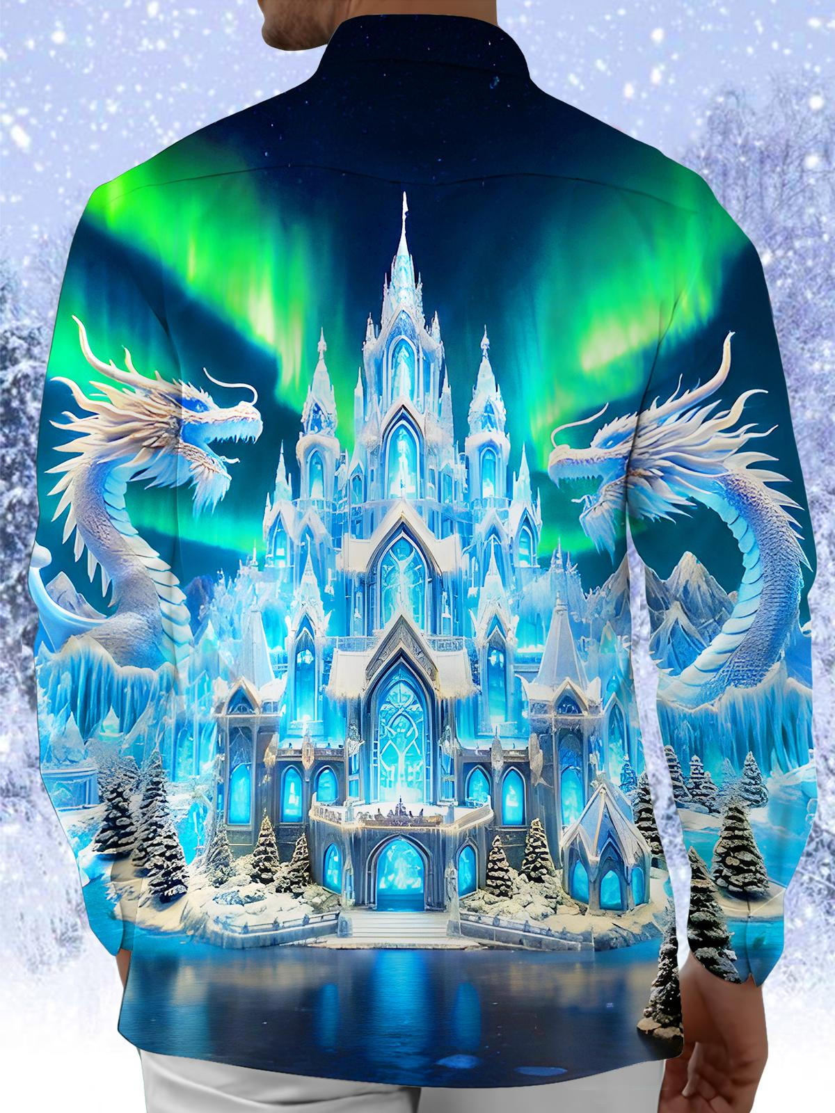 Winter Ice Sculpture Dragons Castle Aurora Men's Pocket Long Sleeve Shirts