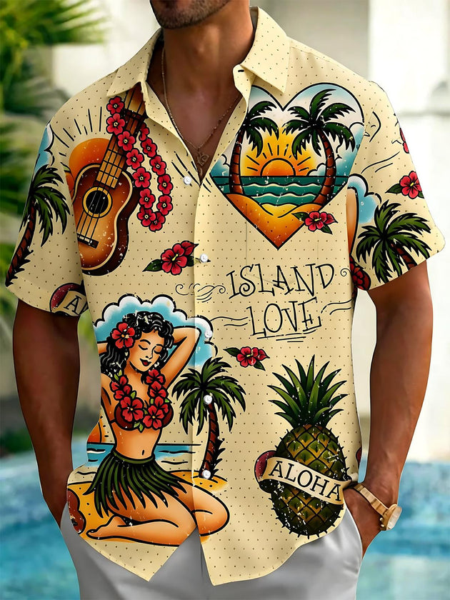 Island Love Hawaiian Print Men's Pocket Short Sleeve Shirts