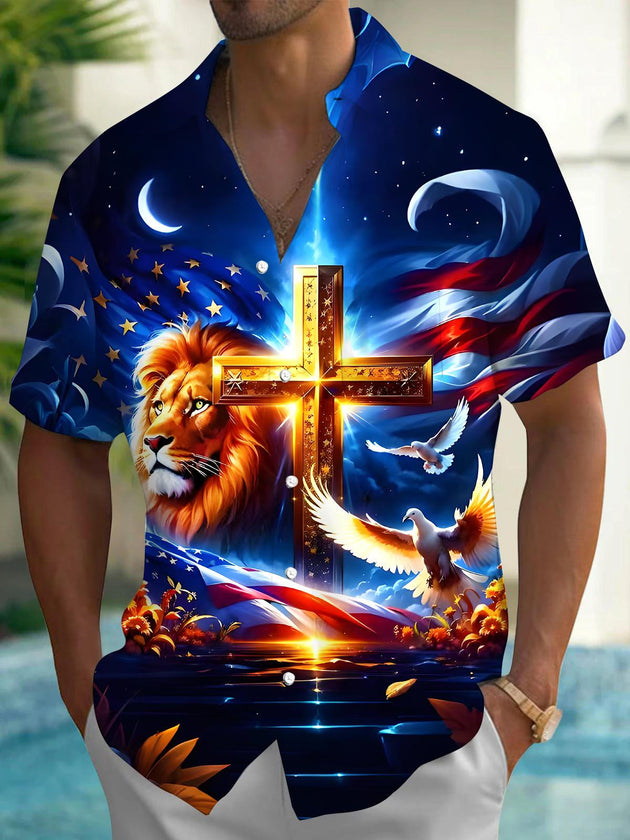 Men's red American flag print short sleeve shirt front view for Independence Day