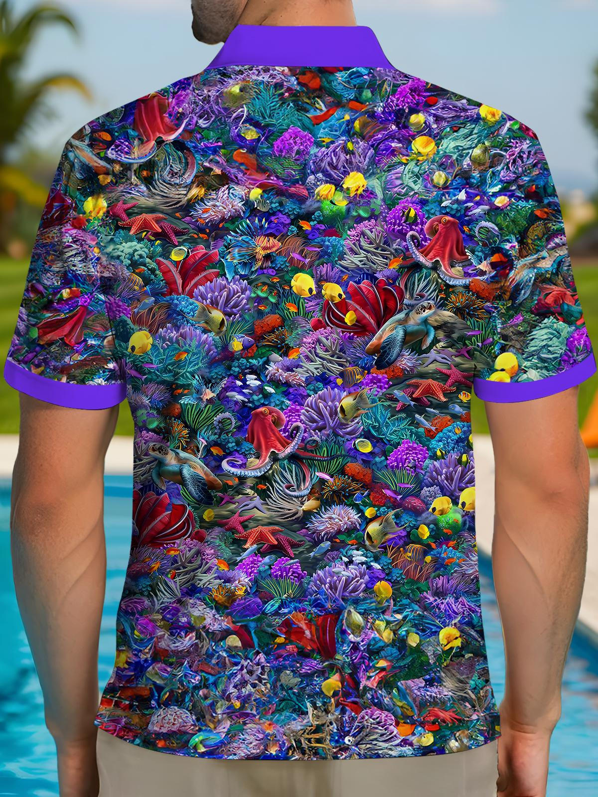 Marine Life Print Men's Short Sleeve Button Polo Shirt