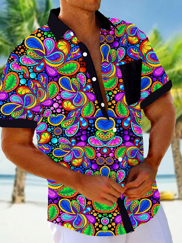 men's colorful Hawaiian leaves short sleeve shirt back view