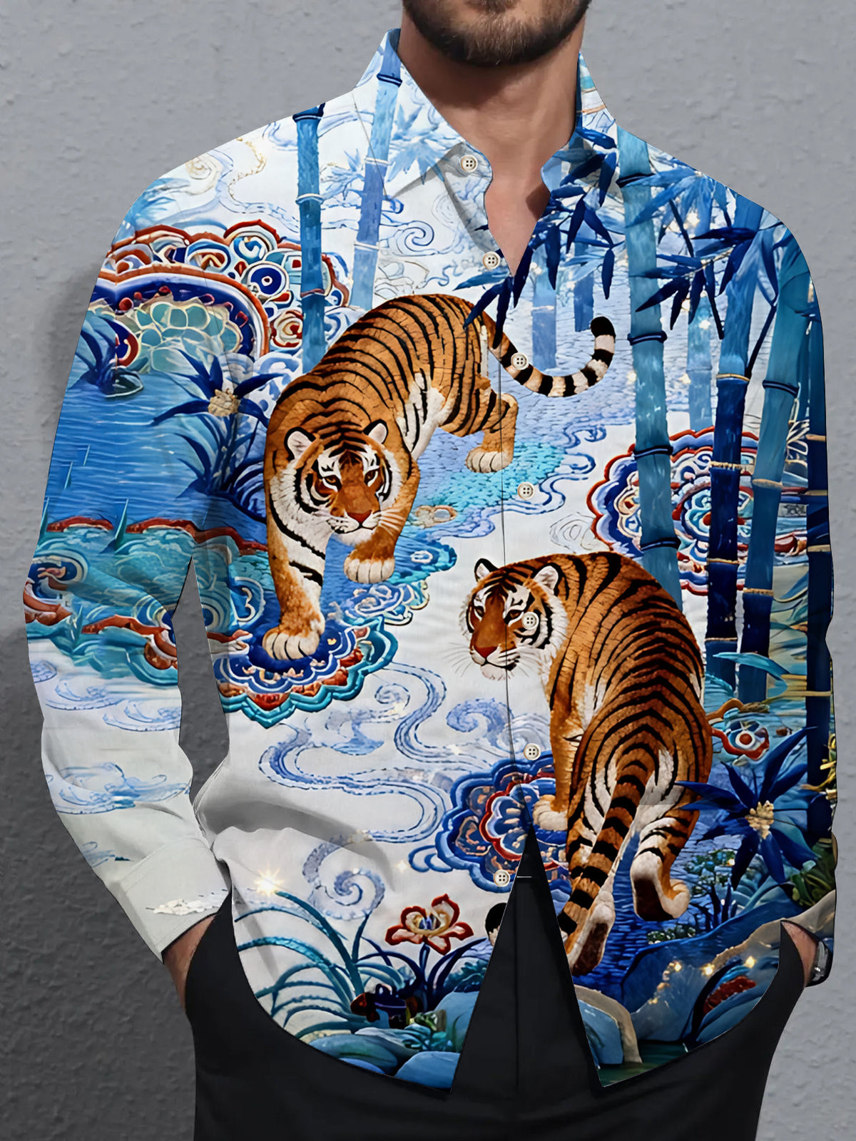 Tiger Bamboo Print Men's Pocket Long Sleeve Shirts