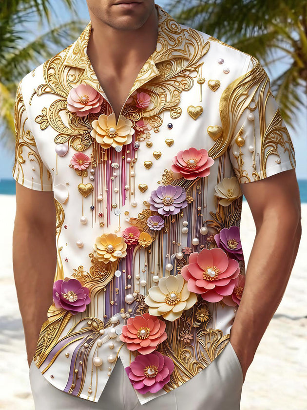 Art 3D Luxury Flower Pearl Men's Pocket Short Sleeve Shirts