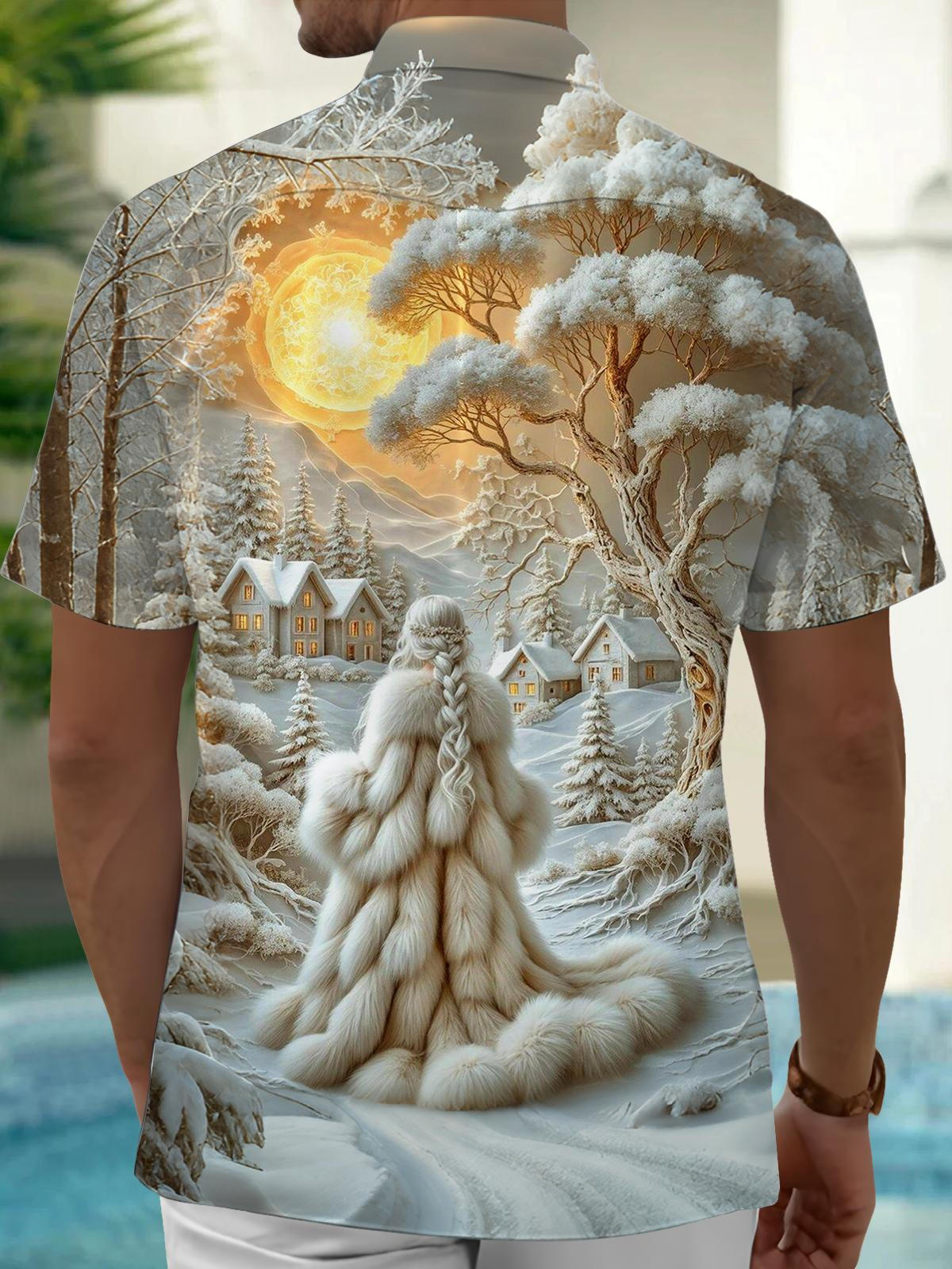 Winter Landscape Art Print Men's Pocket Short Sleeve Shirts