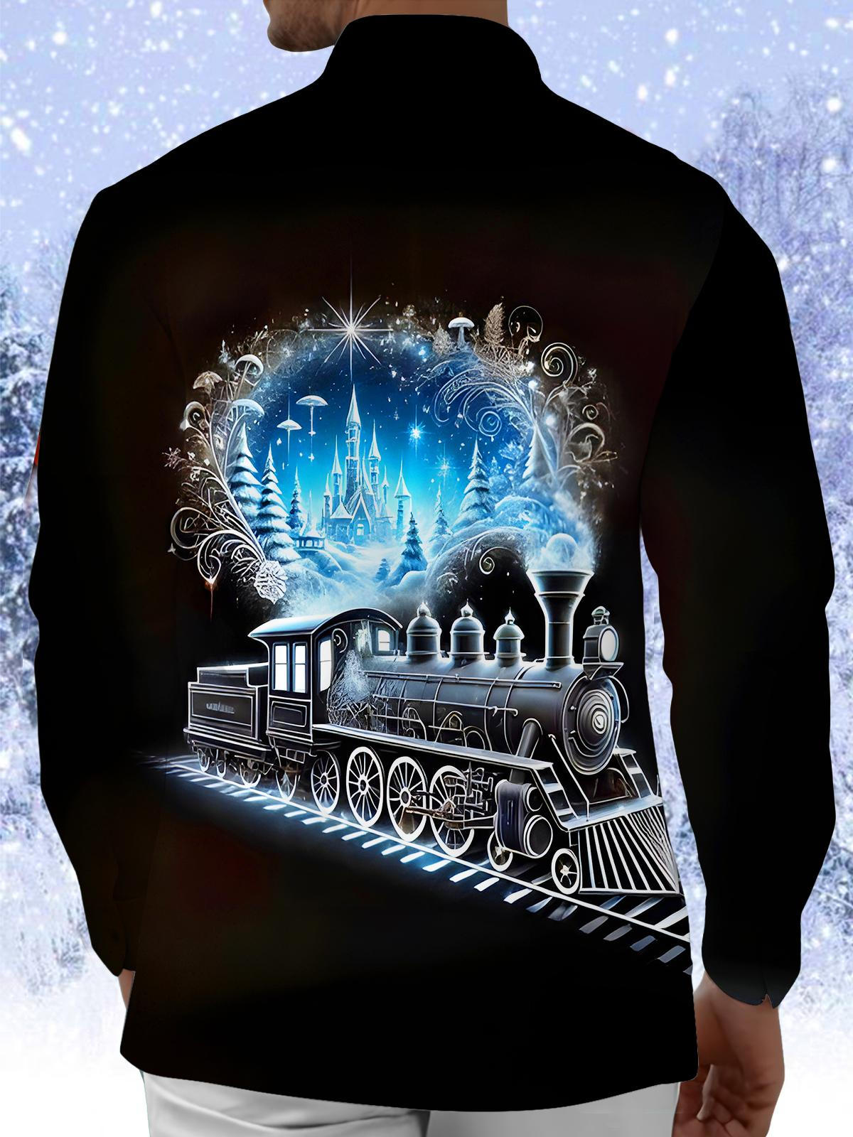 Winter Snow Scene Train Men's Pocket Long Sleeve Shirts
