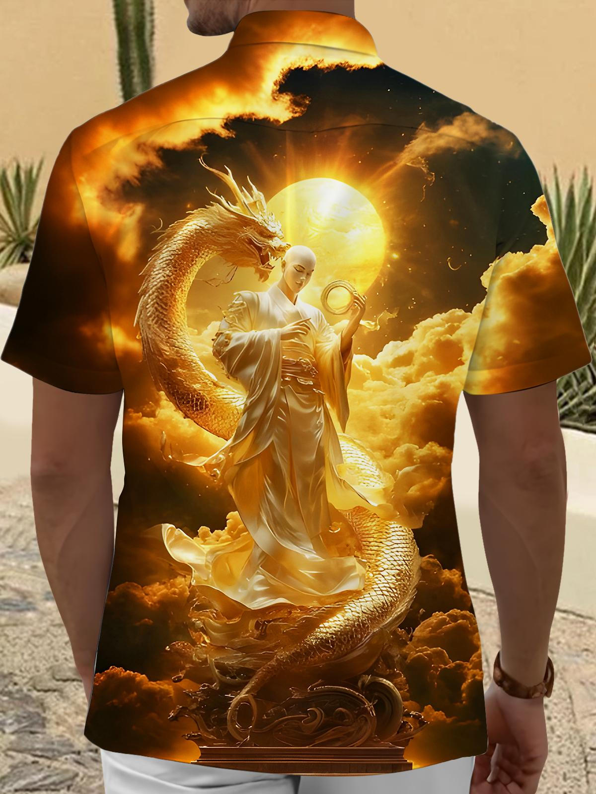Art Gilded Dragon Auspicious Symbols Men's Pocket Short Sleeve Shirts