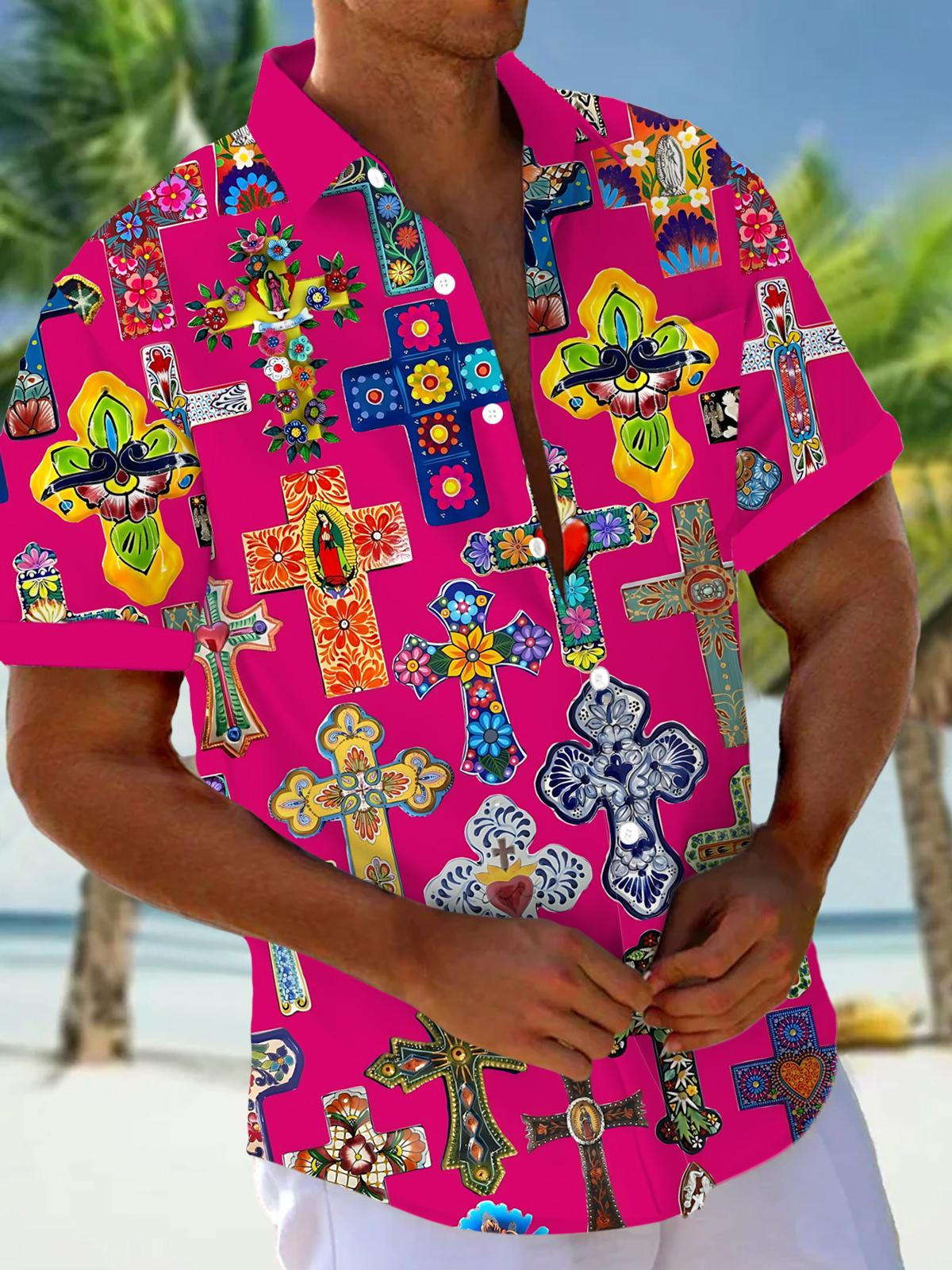 Cross Print Men's Pocket Short Sleeve Shirts