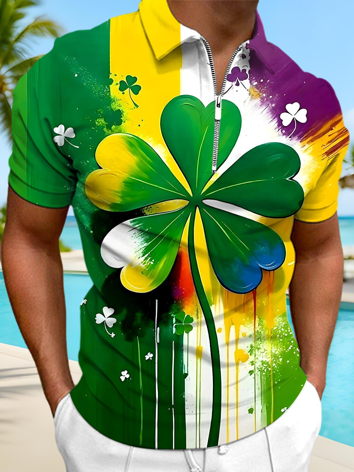St. Patrick's Day,Tie Dye Leaf Tie Dye Men's Short Sleeve Zipper Polo