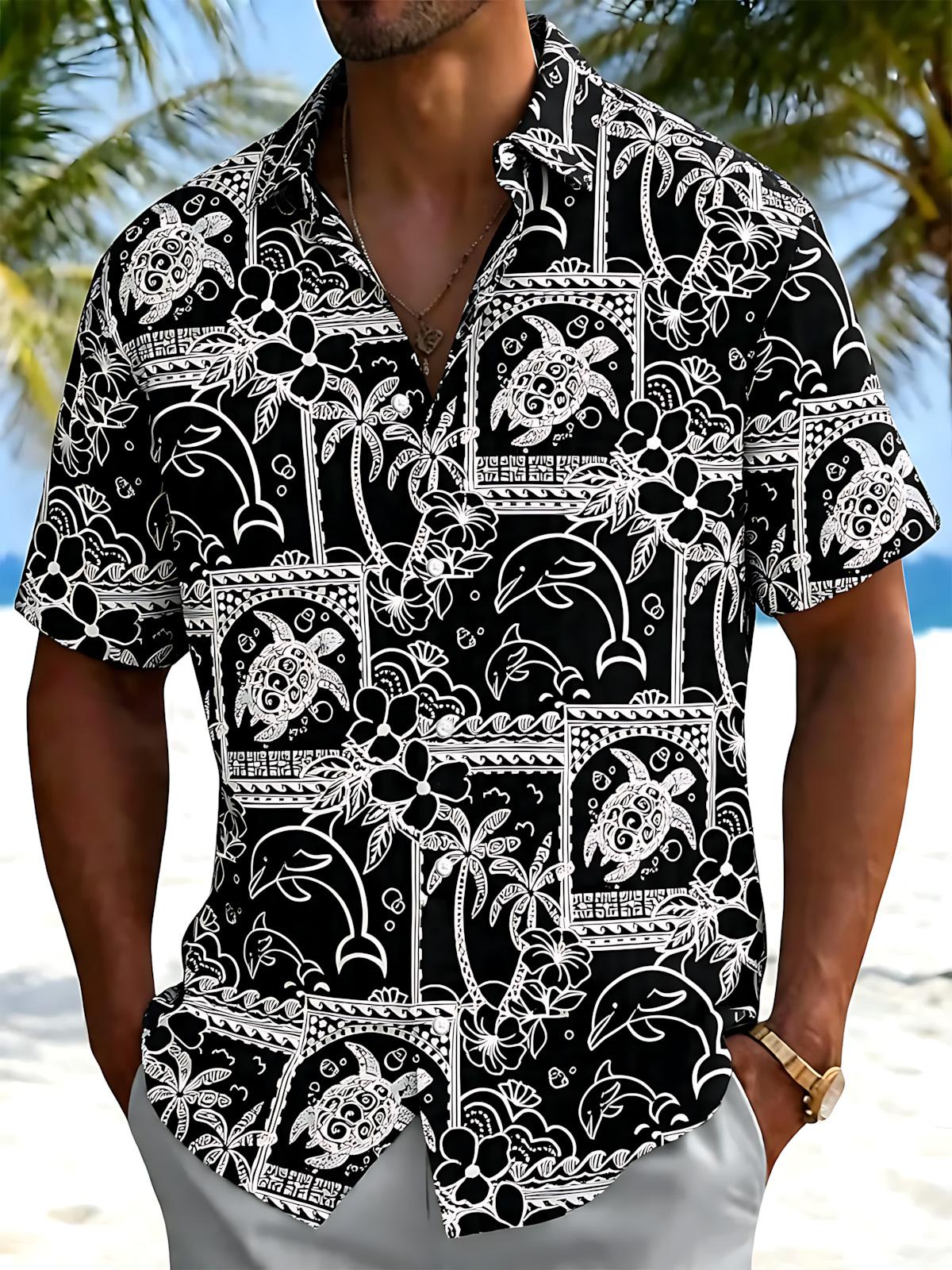 Hawaiian Coconut Tree Turtle Dolphin Print Men's Pocket Short Sleeve Shirts