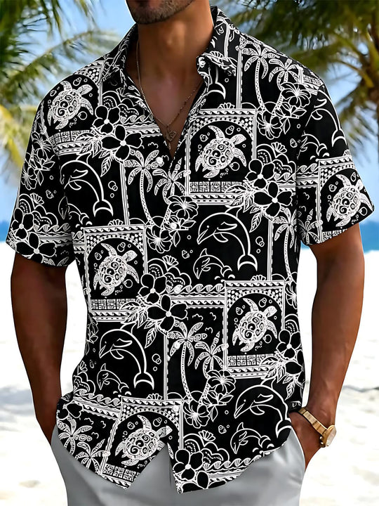 Hawaiian Coconut Tree Turtle Dolphin Print Men's Pocket Short Sleeve Shirts
