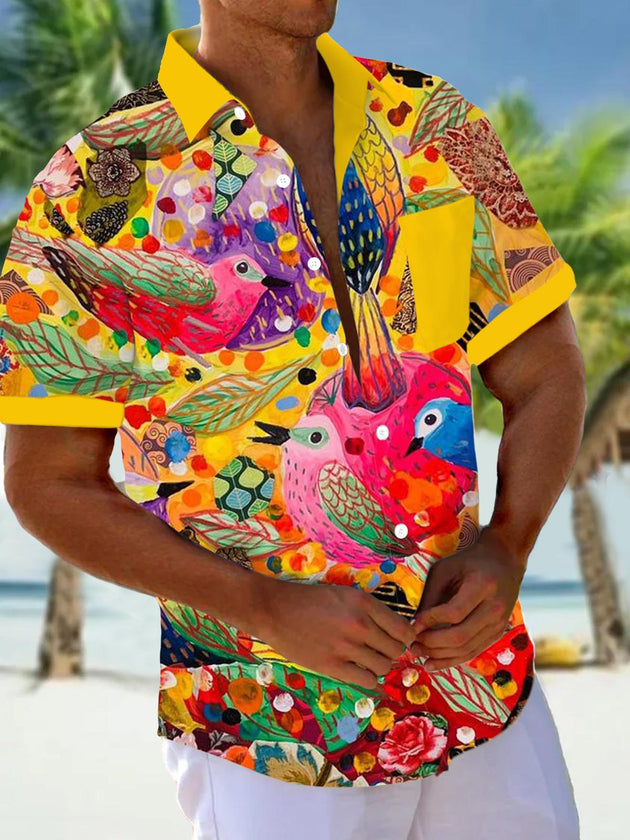Men's short sleeve shirt with animal art bird print, front view