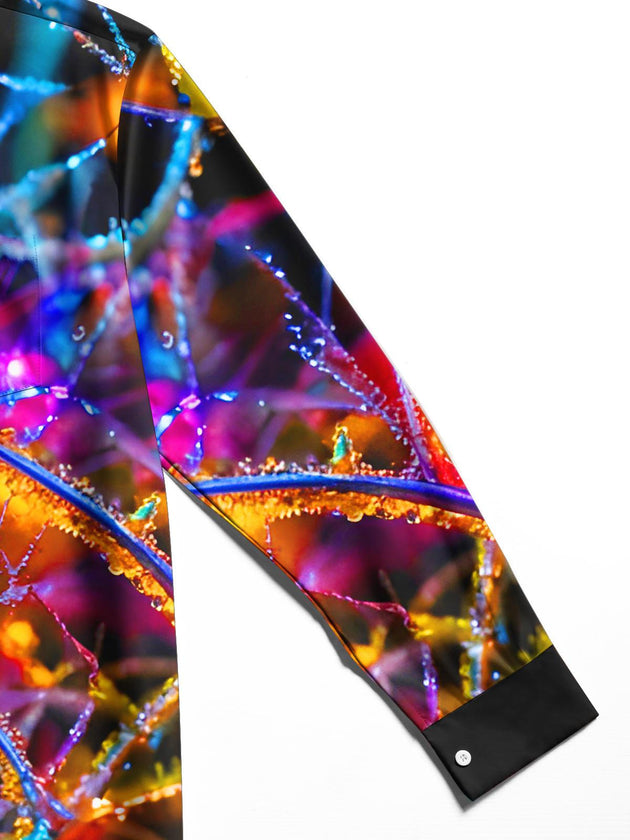 Men's vibrant abstract neural glowing veins long sleeve shirt detail close-up