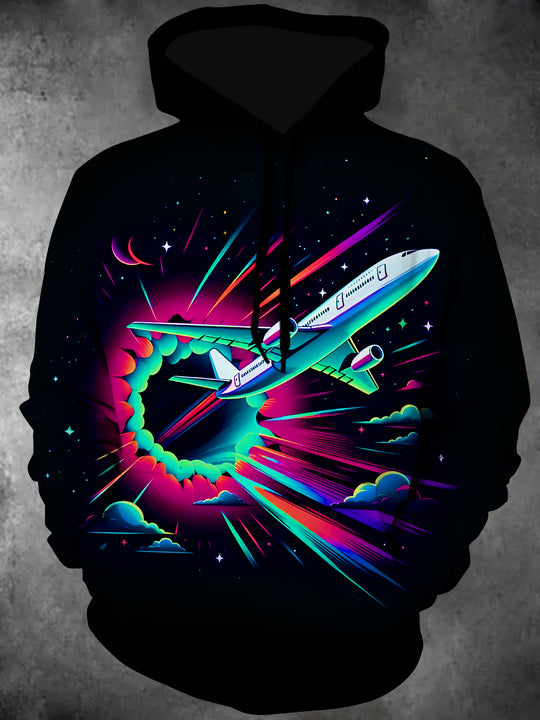 Men's colorful airplane starry sky long sleeve hooded pocket shirt front view