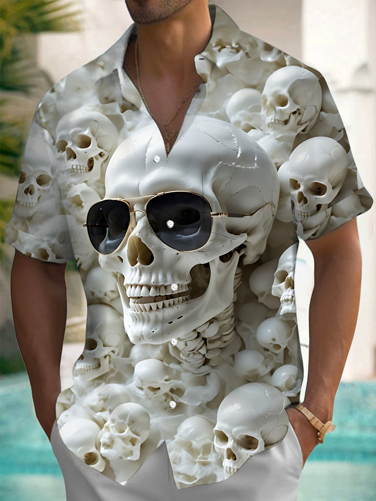 Skull Print Men's Pocket Short Sleeve Shirts