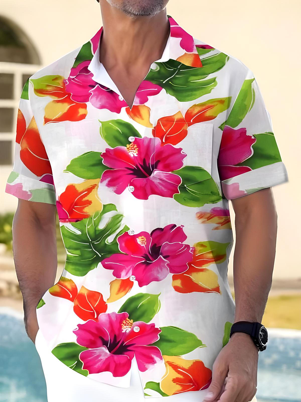 Hawaiian Floral Men's Pocket Short Sleeve Shirts