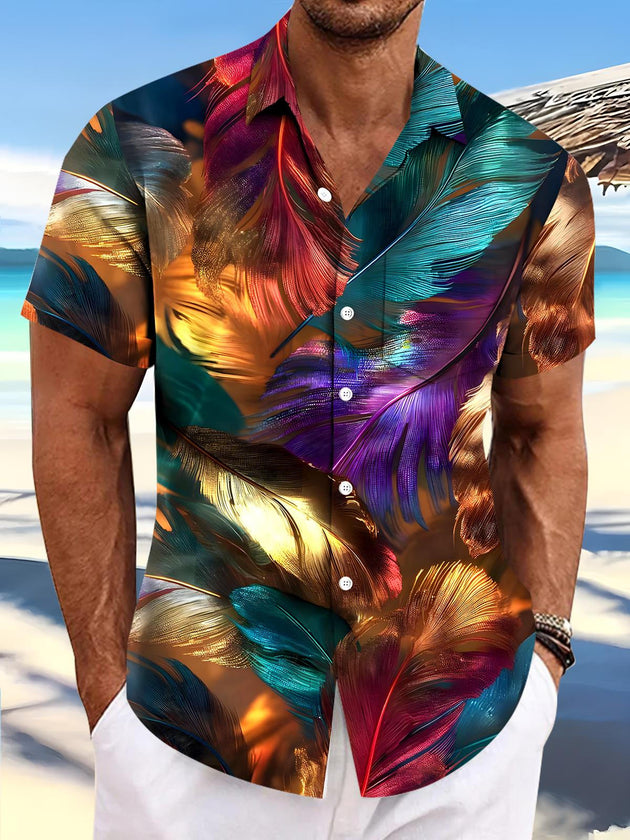 men's animal feather print short sleeve shirt front view