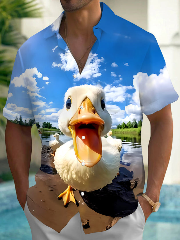 Men funny duck short sleeve Hawaiian shirt front view tropical beach vacation
