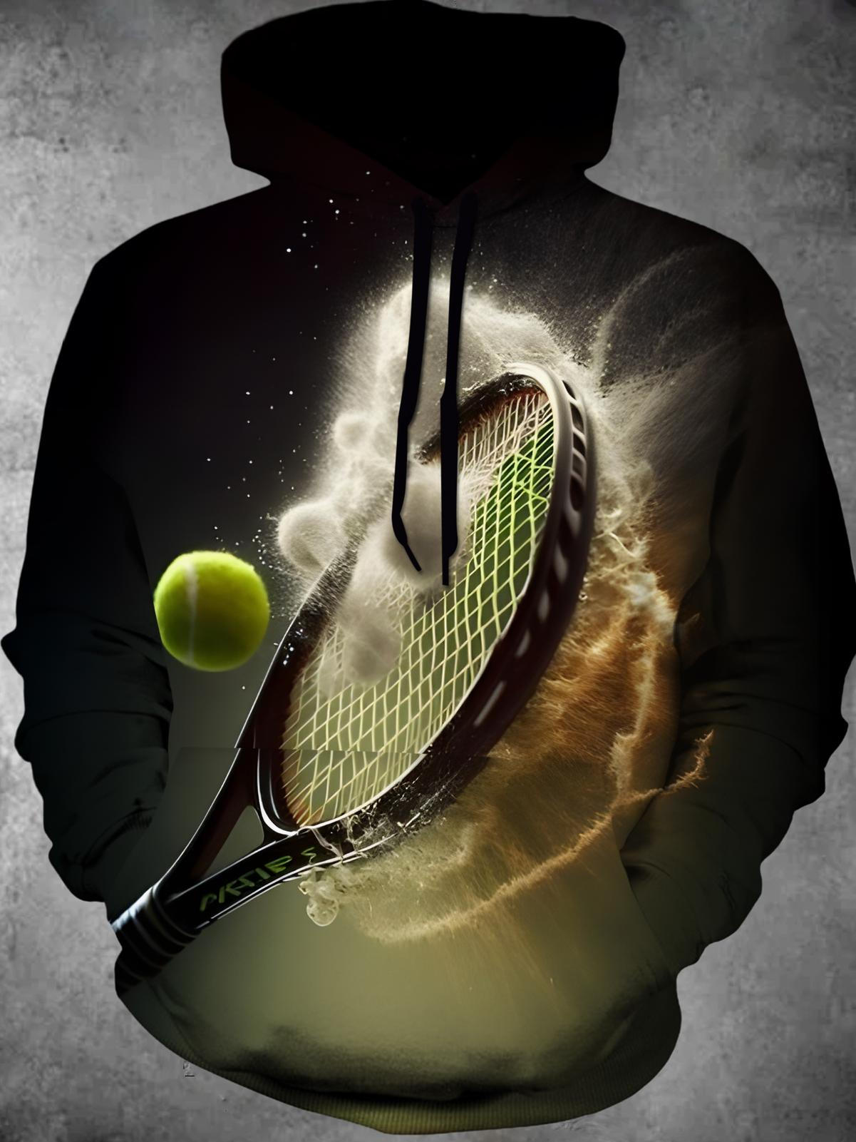 Tennis Print Long Sleeve Hooded Pocket Men's Top