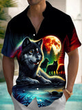 Wolf Moon Print Men's Pocket Short Sleeve Shirts