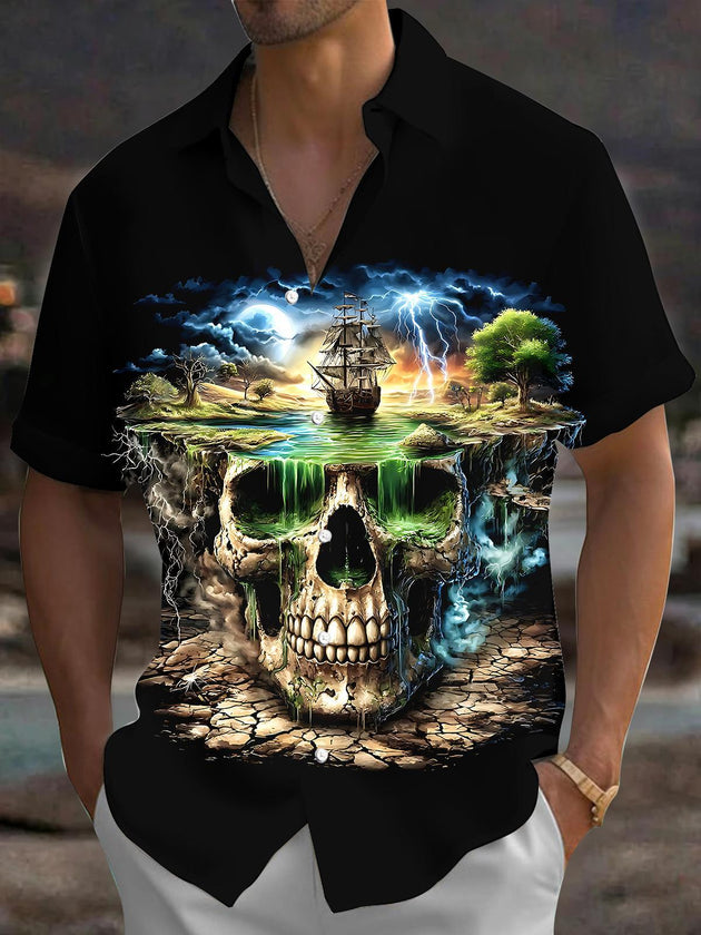 Dark Skull Boat Men's Pocket Short Sleeve Shirts