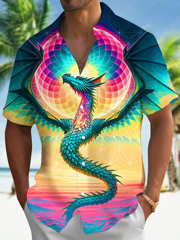 Psychedelic Colorful Dragon Disco Ball Vintage Men's Pocket Short Sleeve Shirts