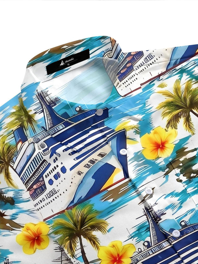 Hawaiian Vacation Cruise Palm Tree Flower Men's Pocket Short Sleeve Shirts