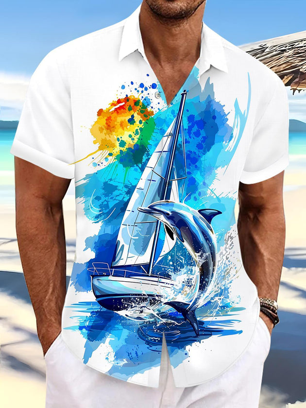 Hawaiian Dolphin Boat Men's Pocket Short Sleeve Shirts