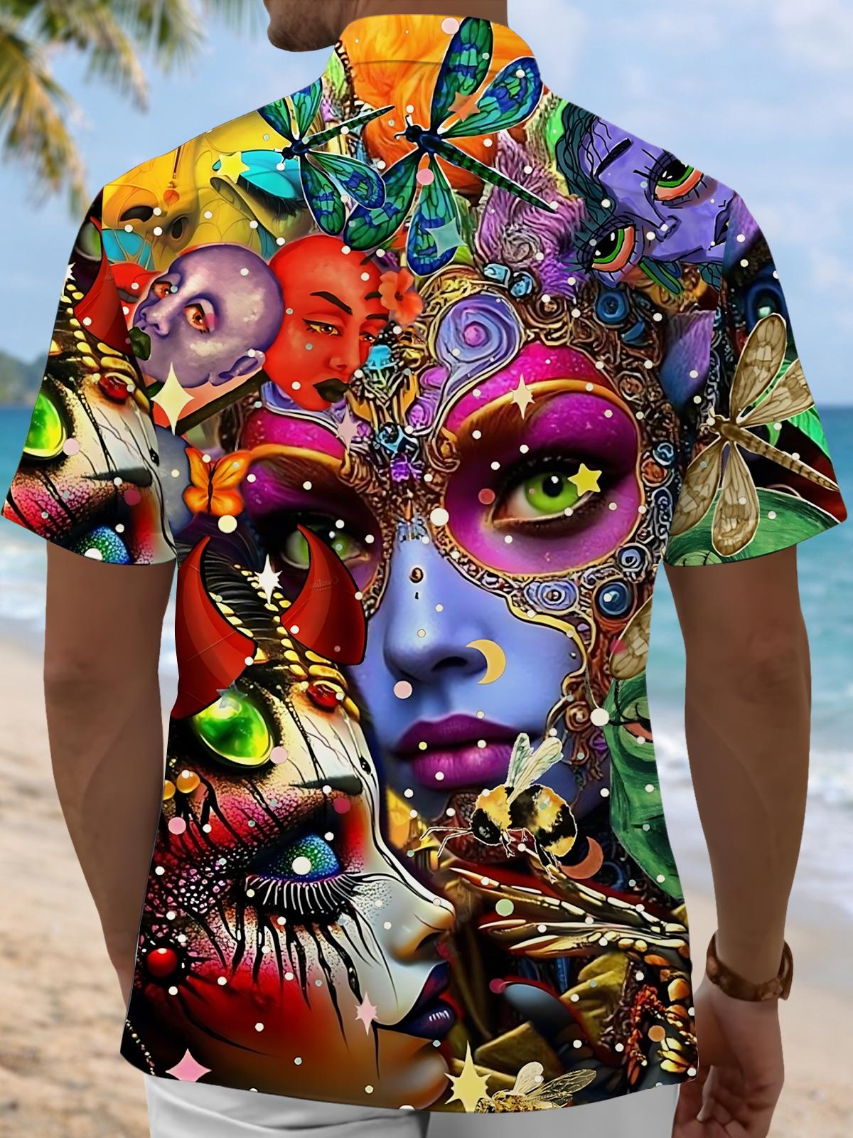 Abstract Face Print Men's Pocket Short Sleeve Shirts