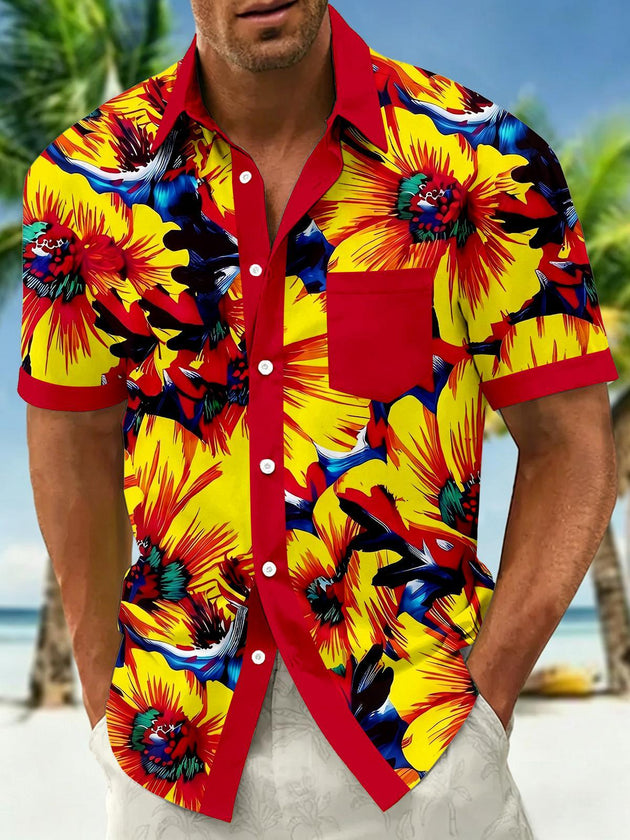 Hawaiian Tropical Big Floral Men's Pocket Short Sleeve Shirts