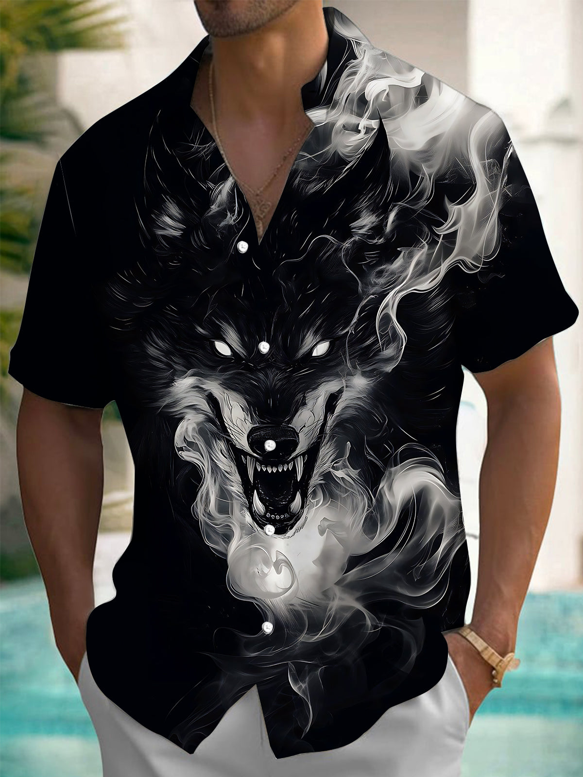Wolf Print Men's Pocket Short Sleeve Shirts