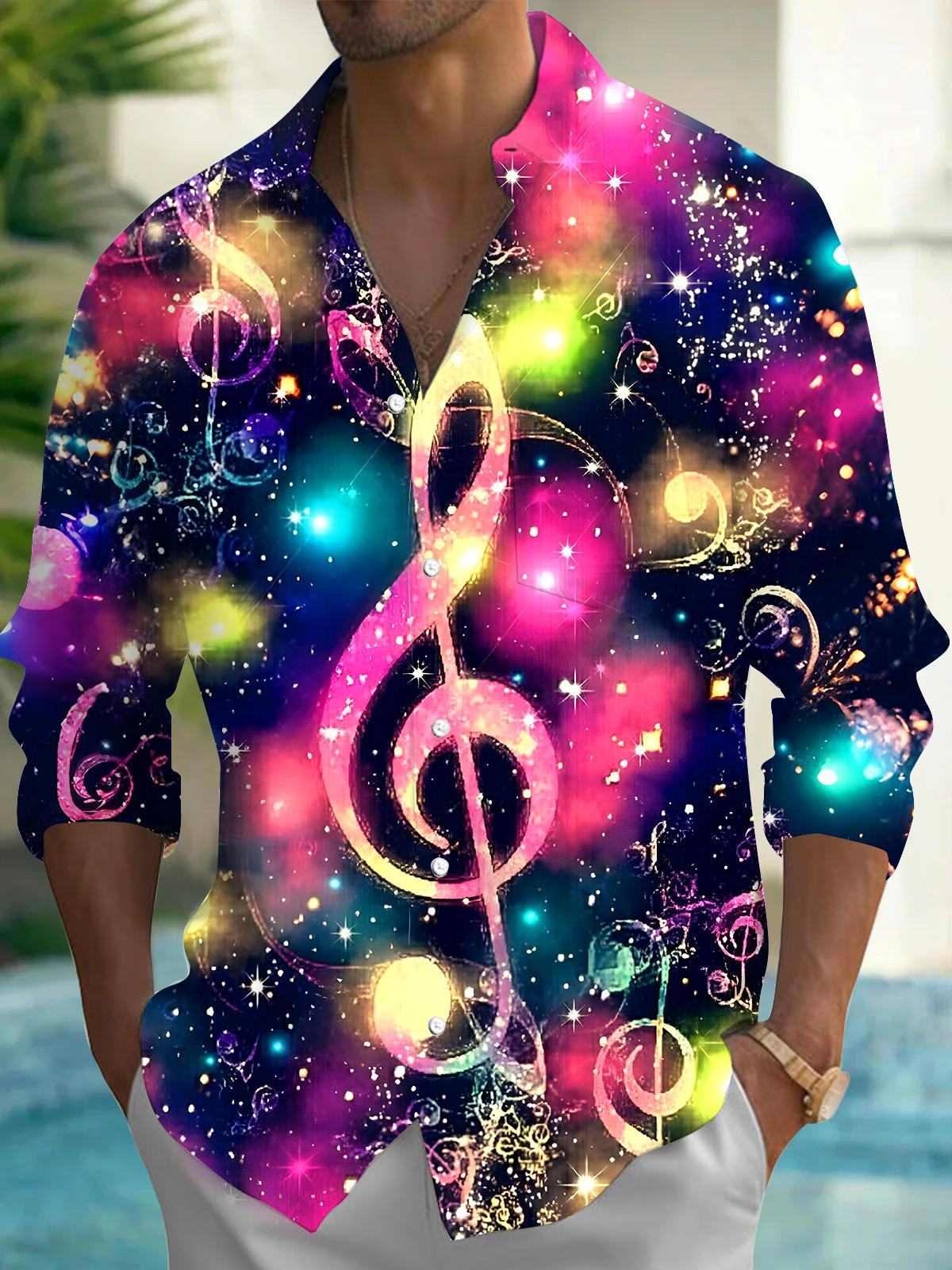 Christmas Musical Note Men's Pocket Long Sleeve Shirts