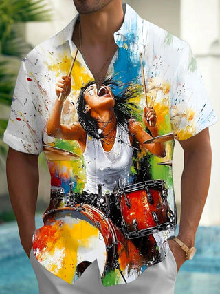 Women's short sleeve shirt with female drummer print, front view